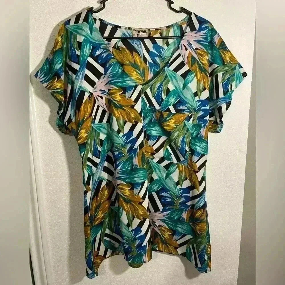 Show Me Your Mumu Multicolor Floral Striped Patchwork Short Sleeve V Neck Blouse